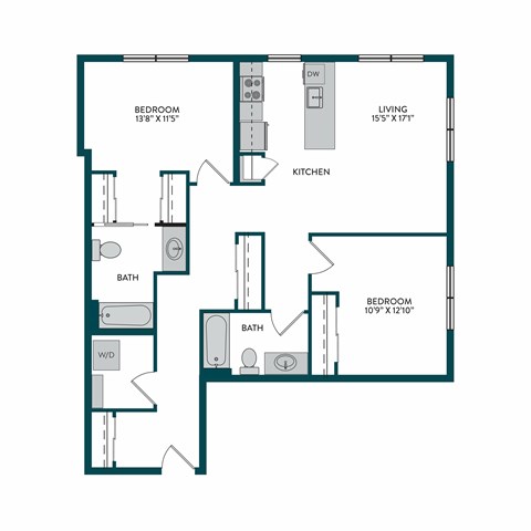 Floor plan for 2 beds, 2 baths, 1027 sqft
